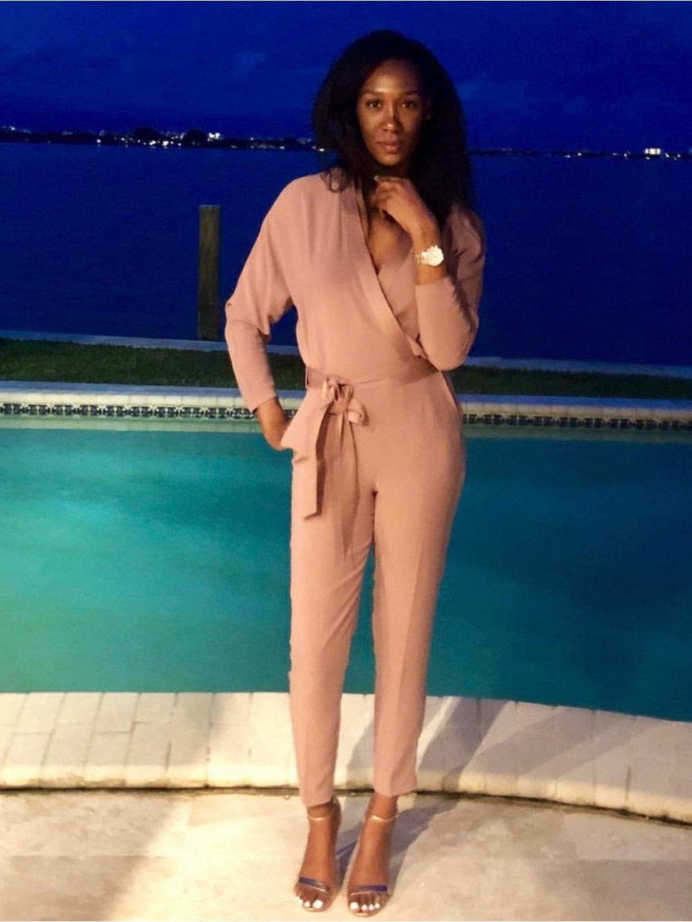 Reiss Dusty Rose Wrap Jumpsuit with Tie Waist
